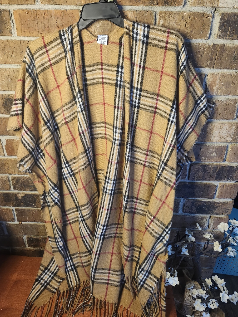 Classic Plaid Fringe Cape Jacket in Camel